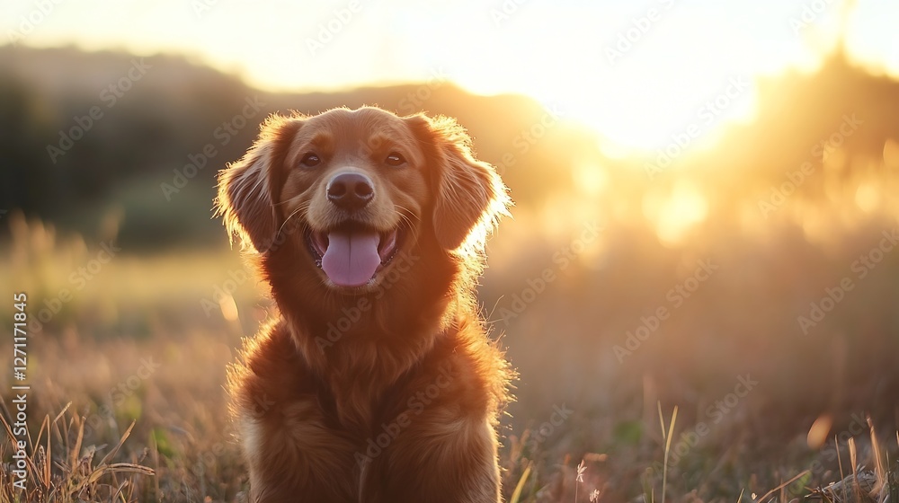 Poster joyful golden retriever dog sitting in a field during sunset with happy expression : generative ai