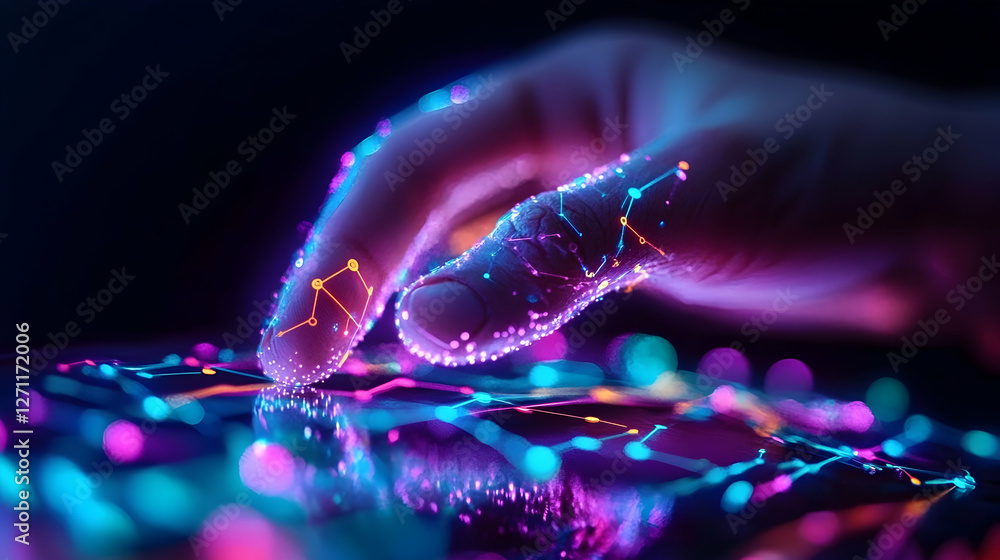 Poster hand interacts with digital tablet. connection with glowing points and reflections