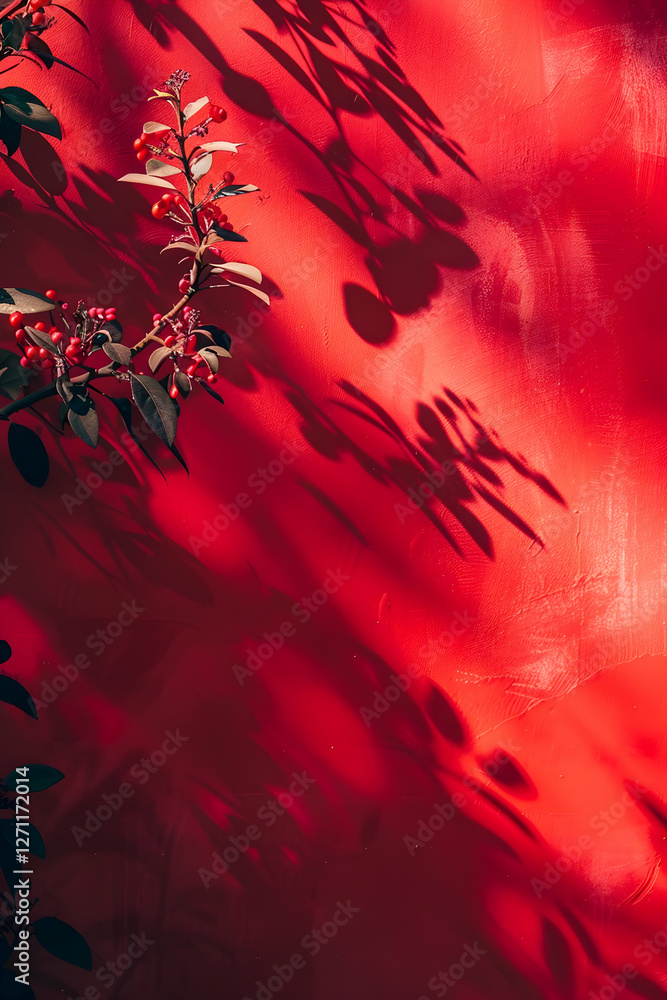 Aufkleber vibrant red wall adorned with botanical shadows, creating a striking visual contrast in a serene set
