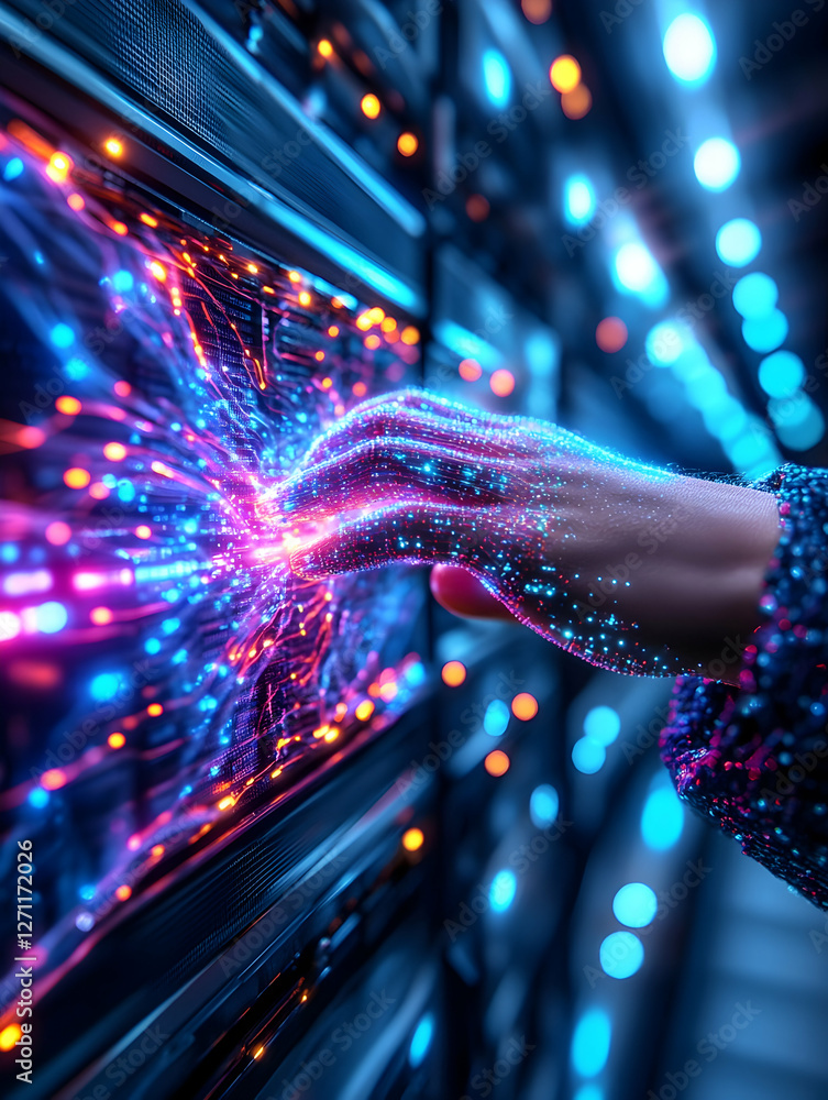Poster hand interacts with server racks in a data center, use for cyber security