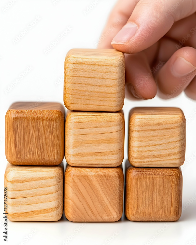 Poster hand stacking blocks as building blocks with a plain white background. concept use