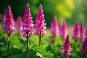 pink blooming spikes of veronica amidst lush green, foliage, bloom