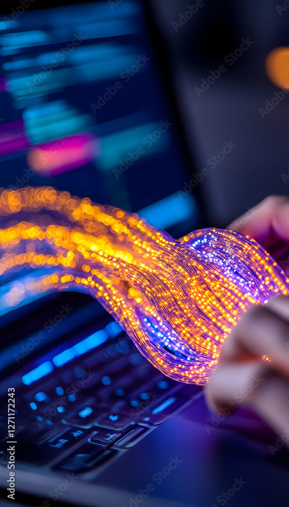 Poster hands hold optic fibers with laptop; data transfer. for science, tech background