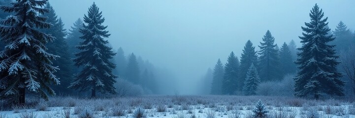 Obraz premium Dark and misty forest scene with frozen pines and bare trees, conifer, winter, mist
