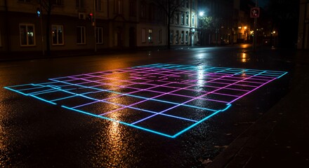 Neon Hopscotch on Wet City Street at Night with Building Backdrop
