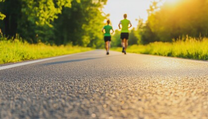 Obraz premium Two people running on a road. One is wearing a green shirt. The other is wearing a green shirt and black shorts