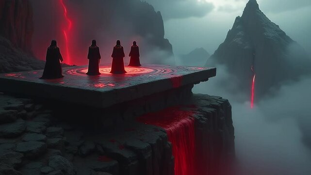 Dark gothic art, profane altar, ancient stone table atop craggy peak, dark-robed figures conducting grim ceremony