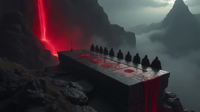 Dark gothic art, profane altar, ancient stone table atop craggy peak, dark-robed figures conducting grim ceremony