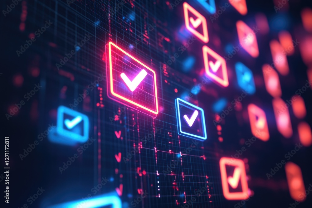 Poster a close-up view of a computer screen showing a green check mark, suitable for use in illustrations a