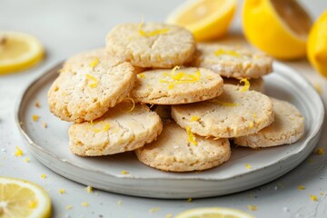 Fresh lemon biscuits on white plate with lemon garnish. Artificial intelligence image
