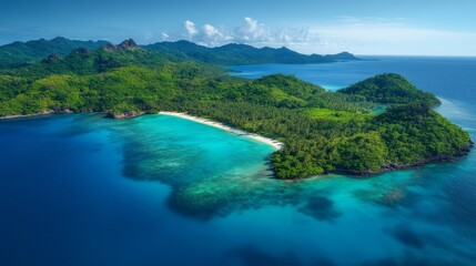 Obraz premium Aerial view of a tropical island featuring lush greenery, clear blue waters, and a pristine beach, evoking a sense of paradise and tranquility.