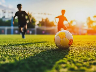 Fototapeta premium Two soccer players are on a field with a soccer ball. One of the players is wearing a black shirt