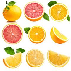 Obraz premium Citrus Fruits Oranges, Grapefruits, Lemons, Slices, and Leaves