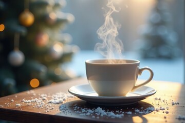 Softly falling snowflakes around a steaming cup of tea on a wooden table, table, gentle light