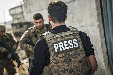 PRESS Photojournalist wearing in bulletproof vest