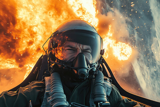 Pilot of military fighter jet ejecting from downed fighter jet full of fire