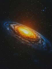 A spiral galaxy with a yellow star in the center. The galaxy is surrounded by stars. The stars are scattered throughout the galaxy