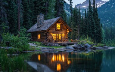 Fototapeta premium A log cabin by a peaceful mountain lake, reflecting in the clear water