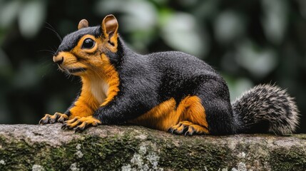 Obraz premium A breathtaking portrait of a Malabar giant squirrel resting on a thick jungle branch, its vibrant multi-colored fur glowing in the warm sunlight.
