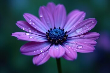 Fototapeta premium Raindrops falling on a purple-blue flower's petals, flowers, water droplets