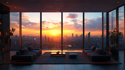 Fototapeta premium Modern Loft Apartment with Panoramic Windows and Minimalist Interior
