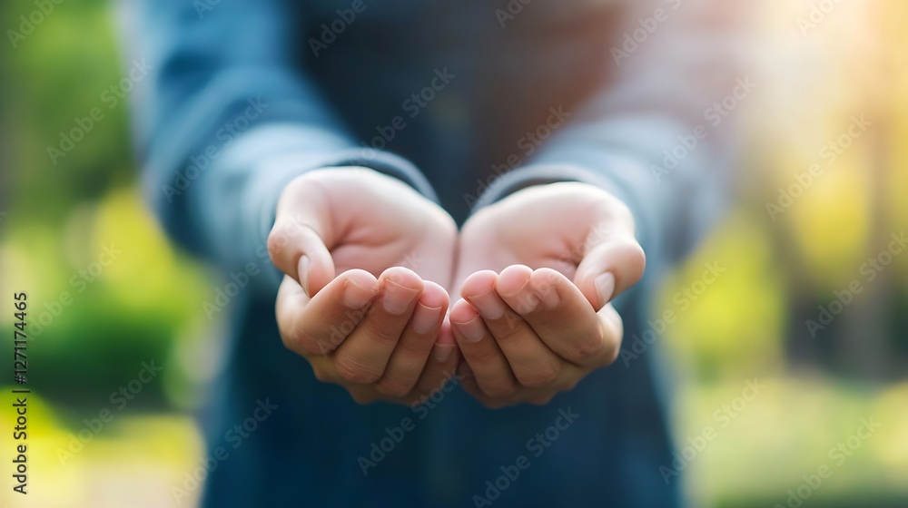 Poster hands open and ready to receive kindness and giving in a bright outdoor setting : generative ai