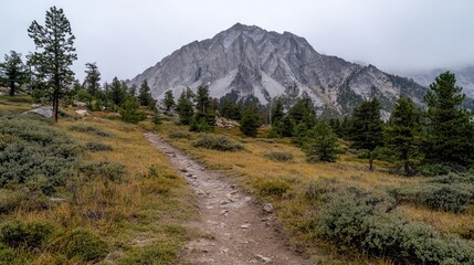 Mountain trail through autumnal meadow, serene landscape