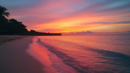 A stunning sunset over a tranquil beach, with vibrant colors reflecting on the water, creating a serene and picturesque atmosphere.