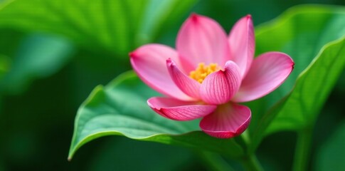 Naklejka premium Delicate pink petals unfurl on a lush green leaf, flower, greenery, green leaf