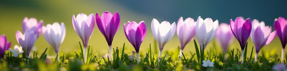 Naklejka premium Row of white and purple pink Crocus Vernus in Italian Alps meadow, versicolor, vernus, wildflowers
