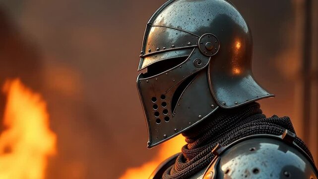 4k frame side view of a knight in armor and helmet against the background of fire