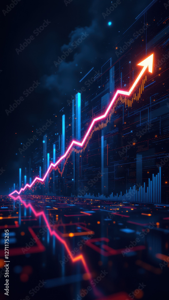 Poster digital illustration showing a graph with upward trend lines against a backdrop of futuristic circui