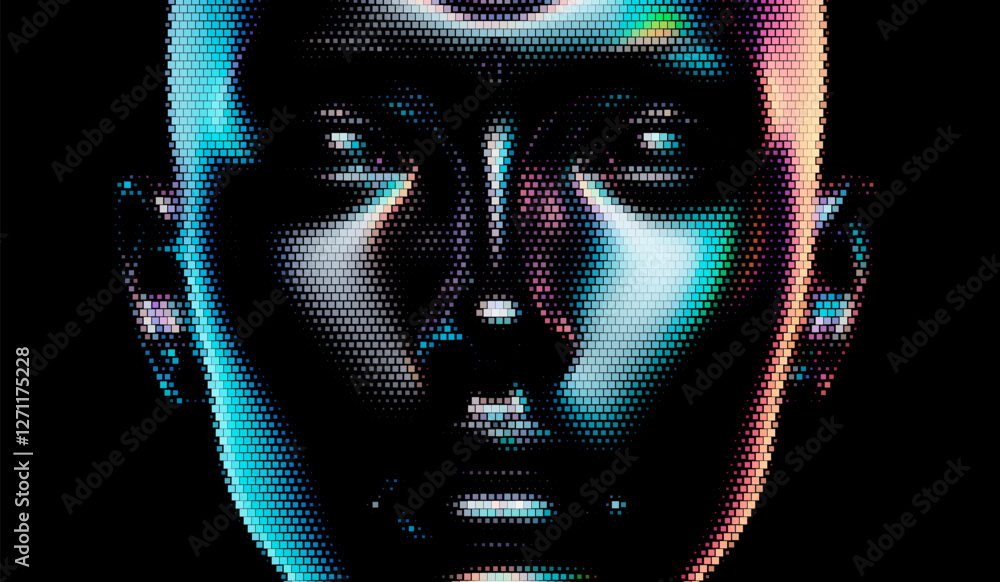 Poster Futuristic vector illustration of a digital face with iridescent, pixelated textures on a black background. The design emphasizes modernity and a reflective, technological aesthetic.
