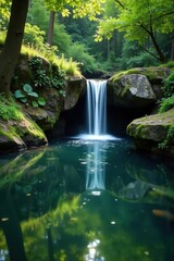 Naklejka premium Waterfall's tranquil scene is reflected perfectly in the still pond's surface, garden, reflection