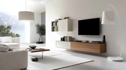 Modern Minimalist Living Room with Lake View