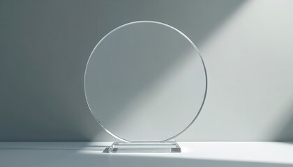 Blank round acrylic glass award design mockup template. Transparent crystal prize plate stands on surface in light with shadow. Empty clear circle trophy for graphic design demo. Product