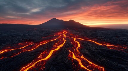 Fototapeta premium Volcanic landscapes concept. Stunning volcanic landscape with flowing lava at sunset against a dramatic sky.