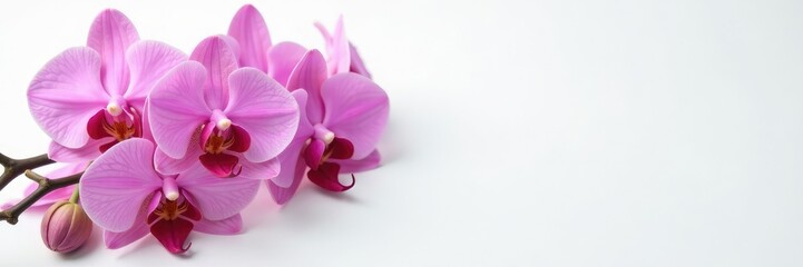 Fototapeta premium Pink orchid flowers in a bouquet on a crisp white surface, flowers in bloom, white background, floral arrangement