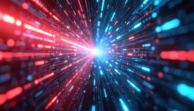 Abstract digital data streams, binary code background. Dynamic red light rays, blue glow, moving bokeh lights. Futuristic cyberspace design reflecting concept of digit, communication, high speed