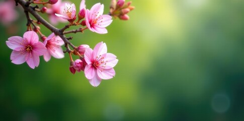 Obraz premium Pink cherry blossoms against a green backdrop, seasonal change, tree