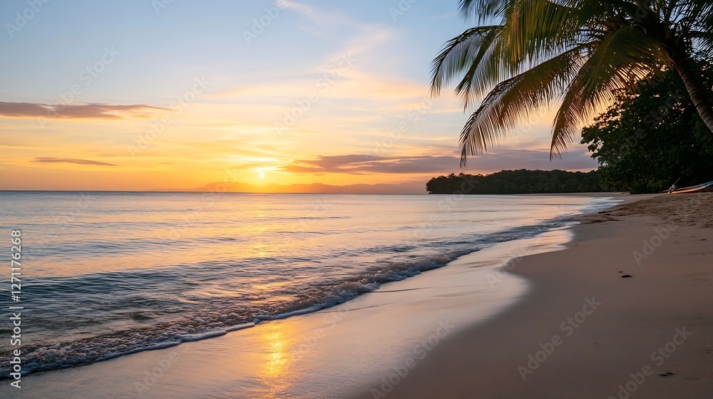 Leinwandbilder serene beach at sunset with soft waves and palm trees creating a relaxing tropical paradise atmosphe