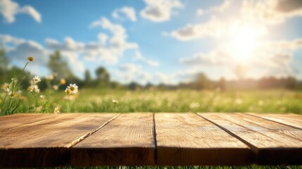 A wooden table sits alone in a vast open field, perfect for an impromptu picnic or meeting
