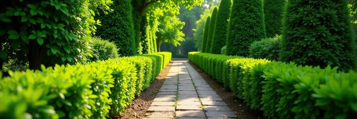 Boxwood hedges forming a border around a garden path, hedges, borders