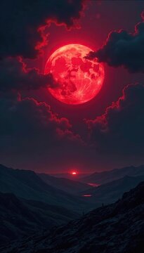 Apocalyptic sky with red sun falling slowly amidst dark clouds, darkness, ominous