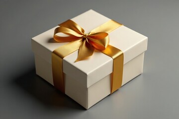 Golden ribbon tied around a rectangular gift box with a bow, gold ribbon wrap, decorative bow, premium gift