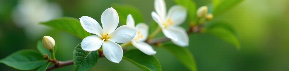 Obraz premium Delicate white jasmine blooms on a garden branch, nature, botanical