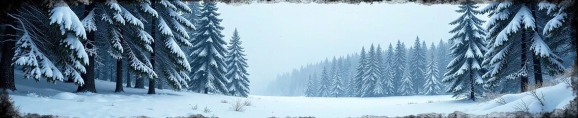 Fototapeta premium Snowy forest landscape with tall trees and dark grunge texture border, black, natural, winter