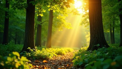 Dappled sunlight filters through the leaves of a lush forest during early evening, yellow, light