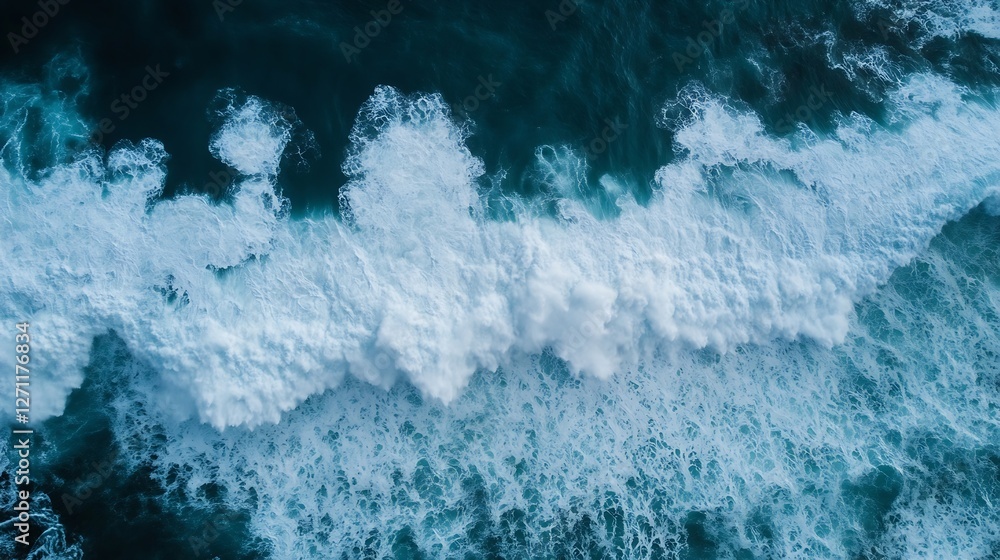 Leinwandbilder aerial view of powerful ocean waves crashing on shore creating foam : generative ai