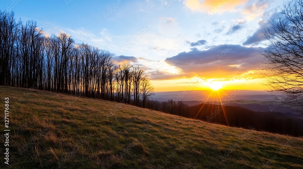 Poster Sunset Over Mountains and Fields with Silhouetted Trees in the Foreground : Generative AI